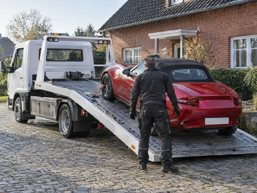 Roter MX-5 wird auf einen Abschleppwagen verladen