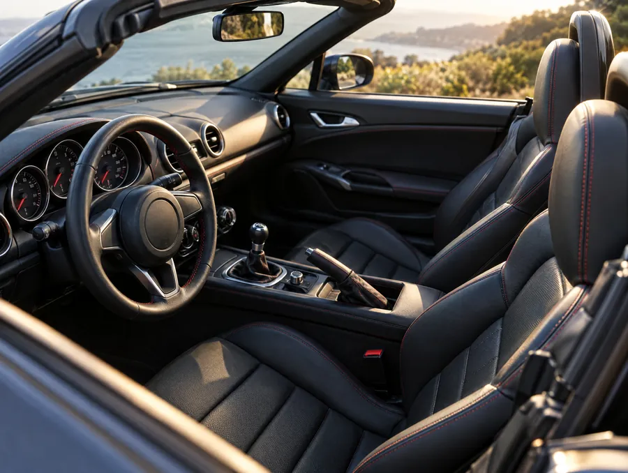 Cockpit eines Roadsters mit Ledersitzen und kurzem Schalthebel